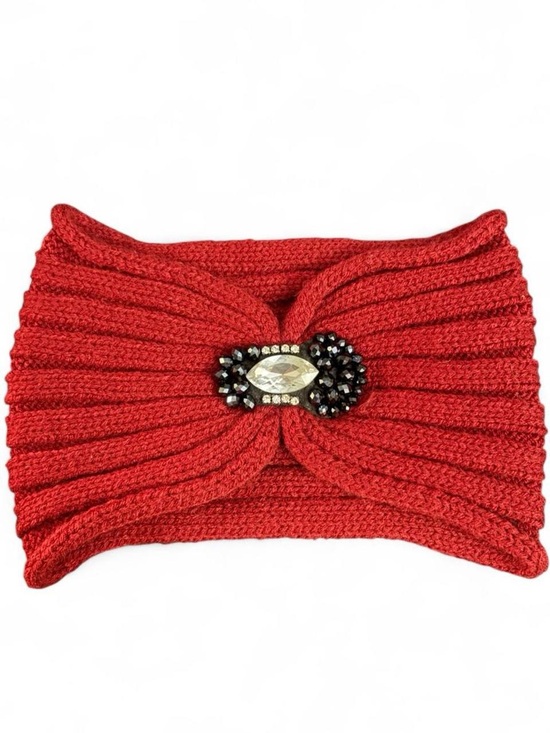 Accessories - Red Cable Knit Bejeweled Headband Ear Warmer Rhinestone Gem Turban Winter